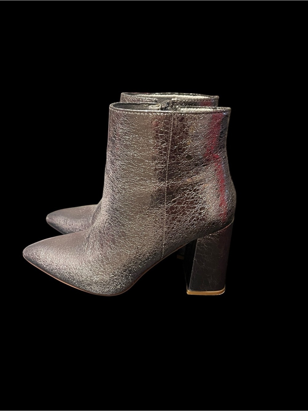 ShuShop Veronica Metallic Pewter Pointed Toe Block Heel Ankle Boots Size 7.5